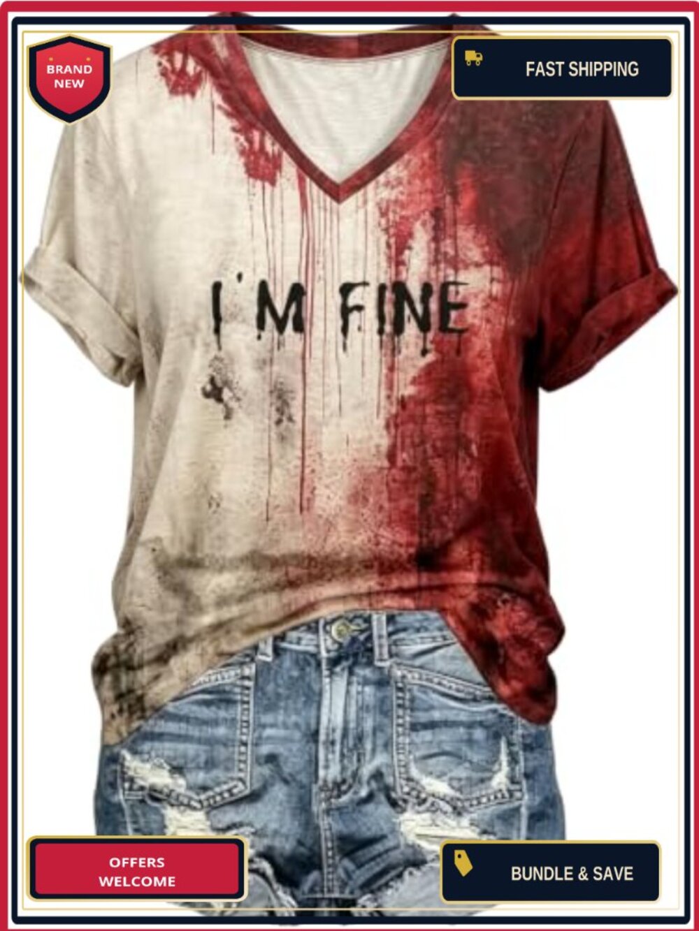 Halloween Blood Splatter Graphic T-Shirt V-Neck Short Sleeve Horror Costume Top